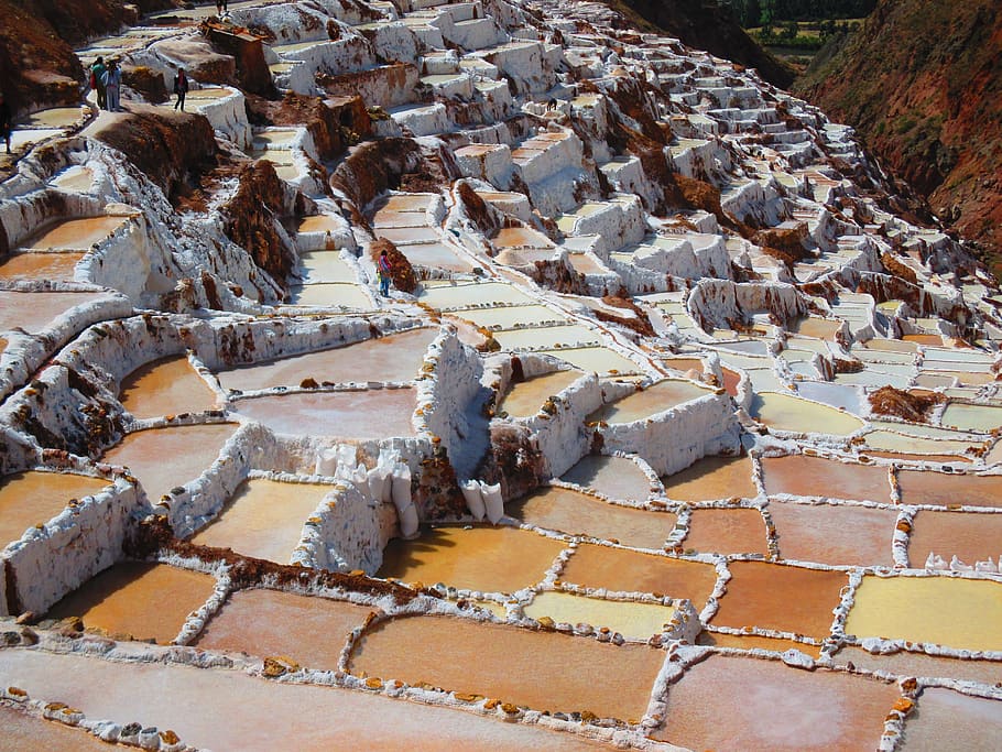 peru, salt, mountain, color, terraces, high angle view, day HD wallpaper