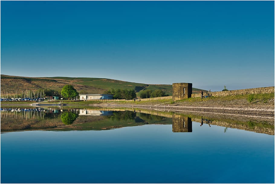 water, reservoir burnley, lake, wall, blue, sky, reflections, HD wallpaper