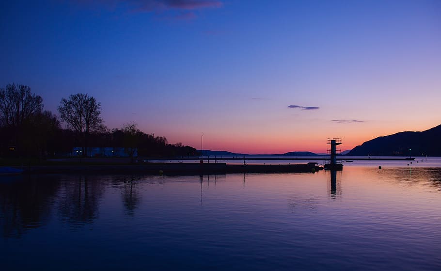 sunset, lake, reflection, diving, twilight, evening, color HD wallpaper