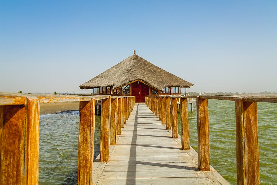 sea dock through nipa hut, water, wood - material, architecture HD wallpaper