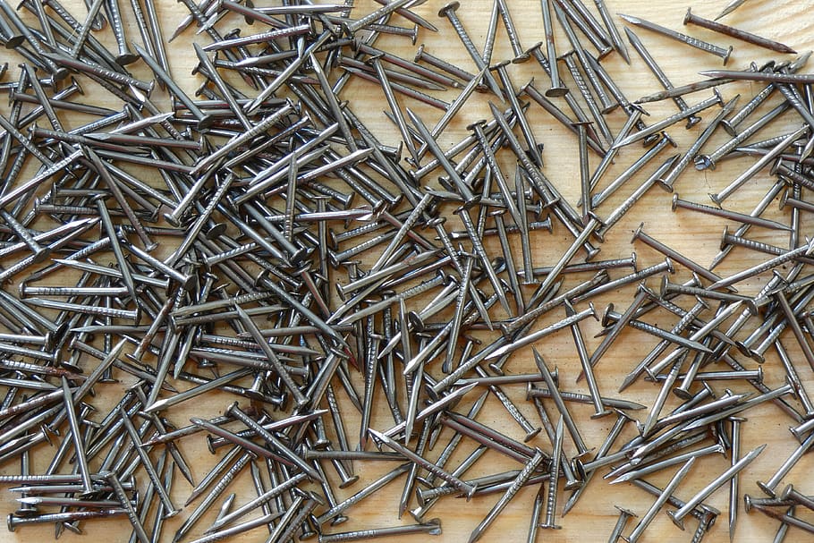 Gray Nails on Brown Surface, fasteners, macro, many, metallic HD wallpaper