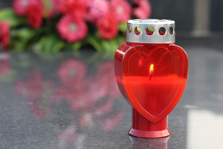 candle, heart, red, symbol, flowers, condolence, cemetery, grave, HD wallpaper