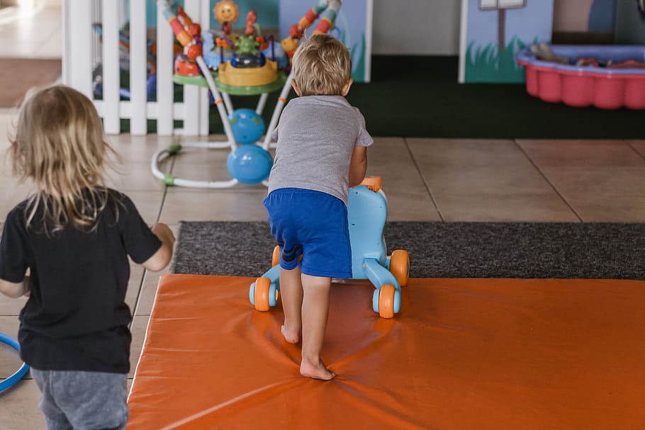 boy pushing push toy, childhood, rear view, women, full length HD wallpaper