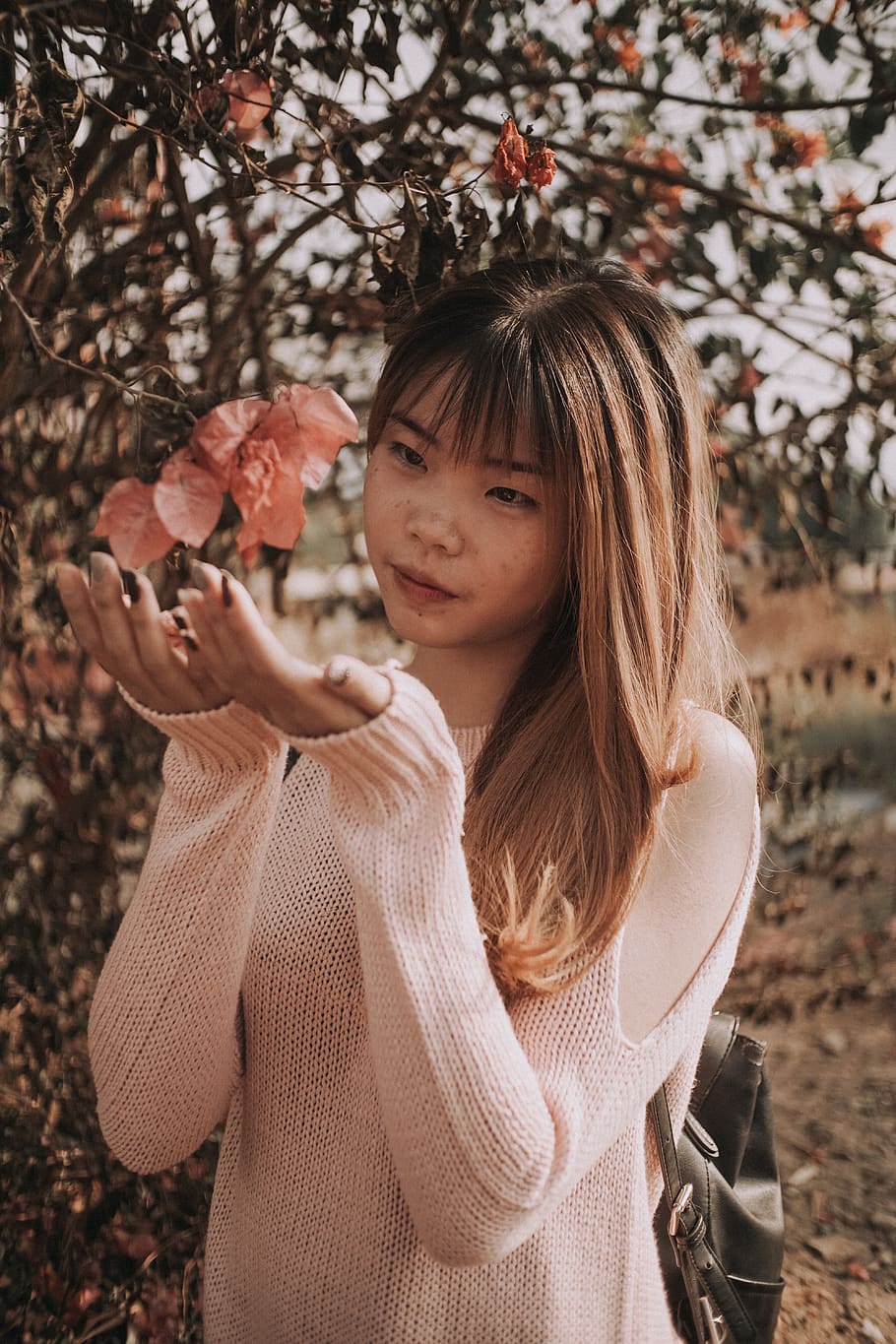 woman standing under green tree, human, person, plant, flower HD wallpaper