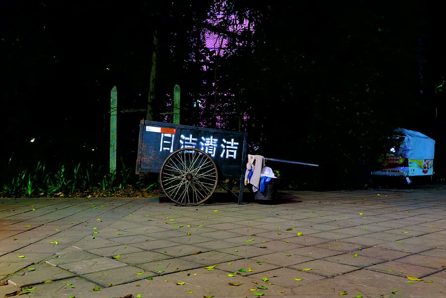 china, shenzhen, characters, night time, cart, wheel, asia
