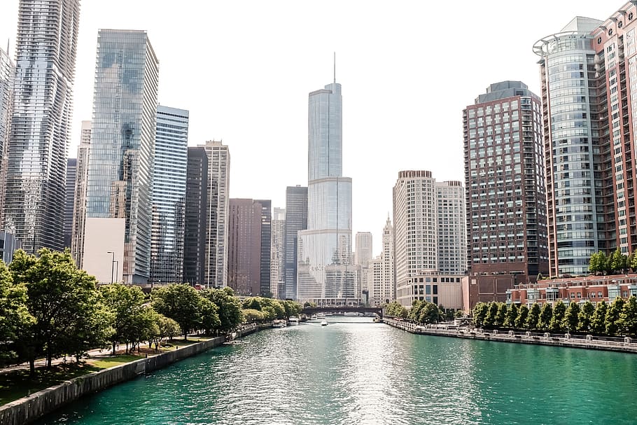 Chicago river, architecture, blue, bridge, building, business, HD wallpaper