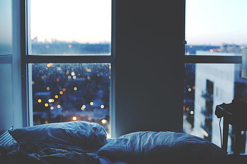 two white pillows beside window, bed, interior, building, wall HD wallpaper