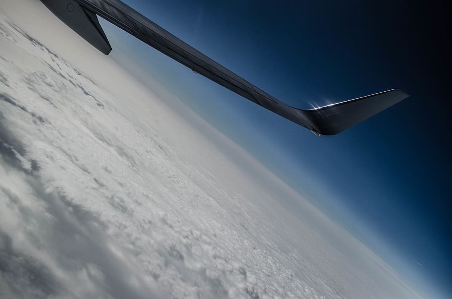 plane, clouds, white, blue, air, horizon, wing, sky, cloud - sky HD wallpaper