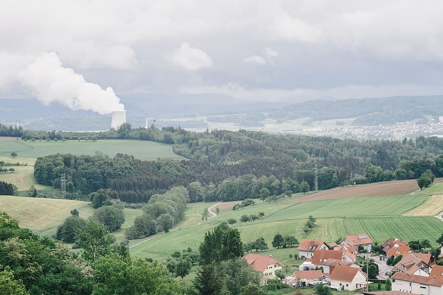 Leibstadt Nuclear Power Plant from a distance, blue sky, border HD wallpaper