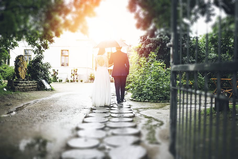 bride and groom walking on pathway, man, woman, gate, sun flare, HD wallpaper
