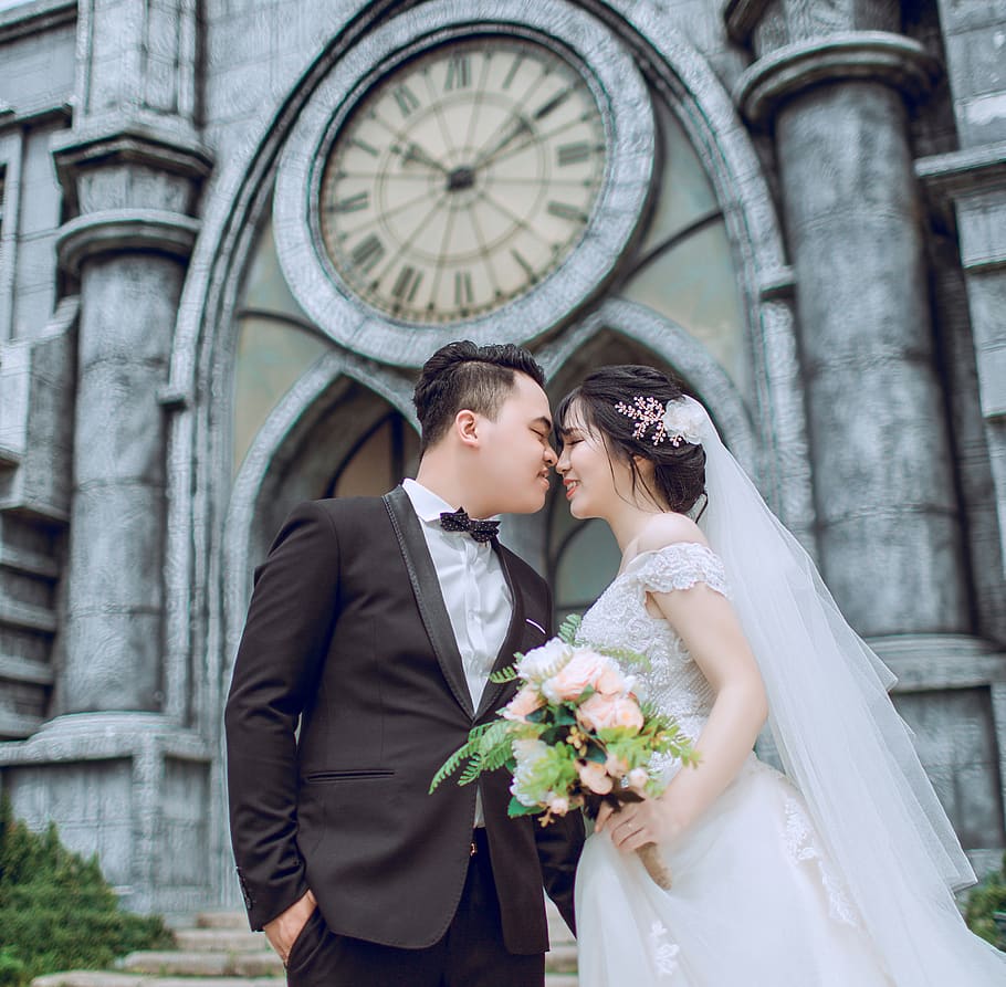 Photo of Bride and Groom, bouquet, church, commitment, couple