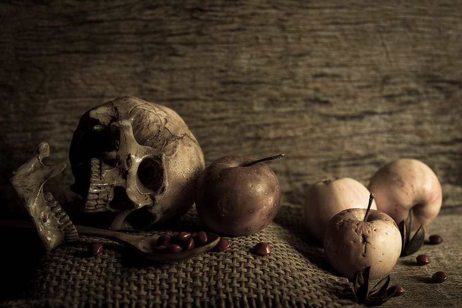 skull, art, apple, fruit, beans, seeds, table, food, food and drink HD wallpaper