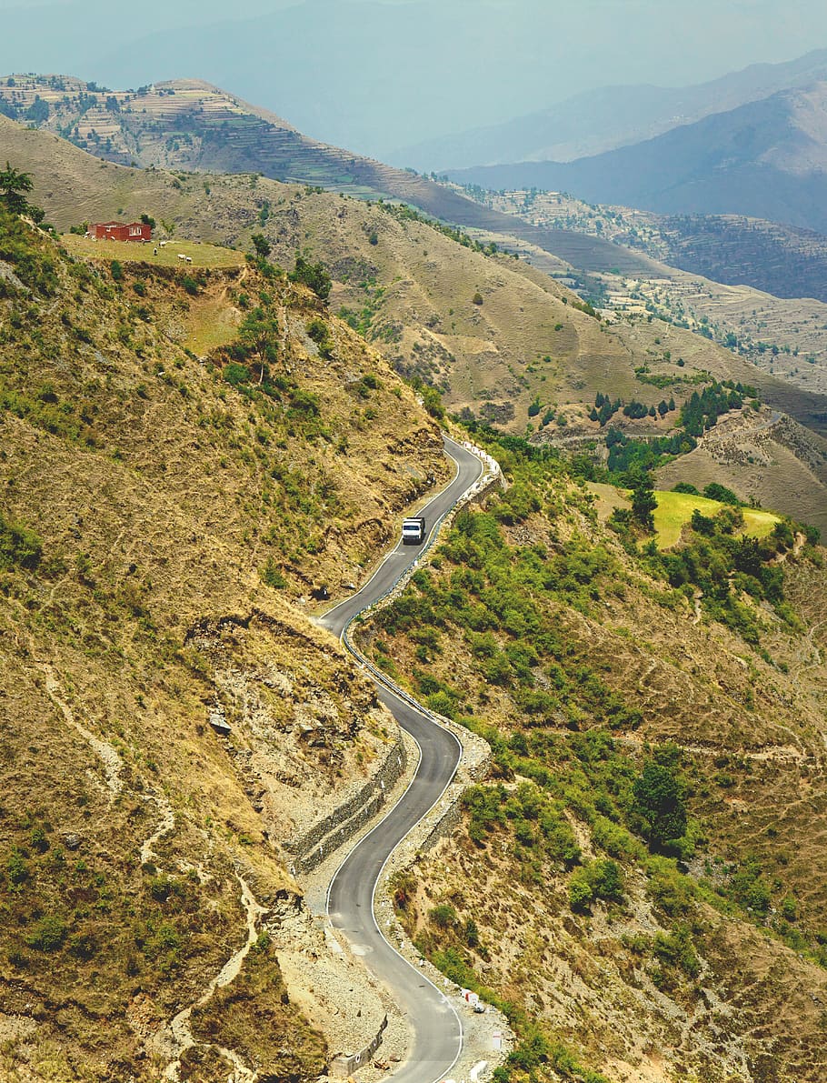 hills, trees, mountain, barren, green, road, truck, farm, grazing HD wallpaper