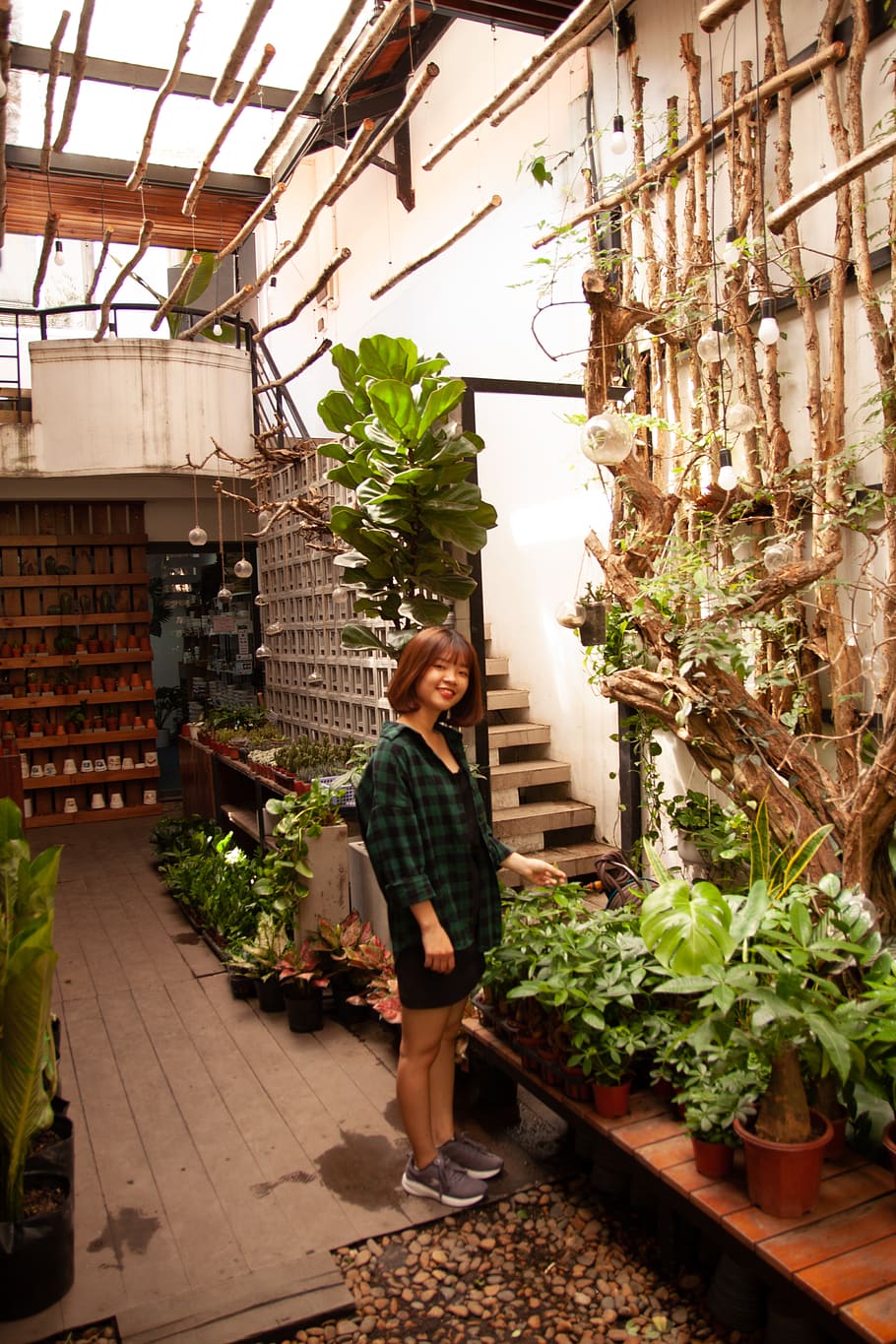Woman Wearing Green Checkered Dress, beautiful, garden, greenhouse