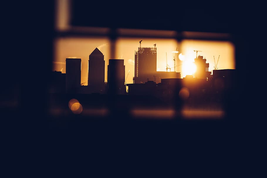 window, sun, skyscraper, canary wharf, sunrise, london, built structure HD wallpaper