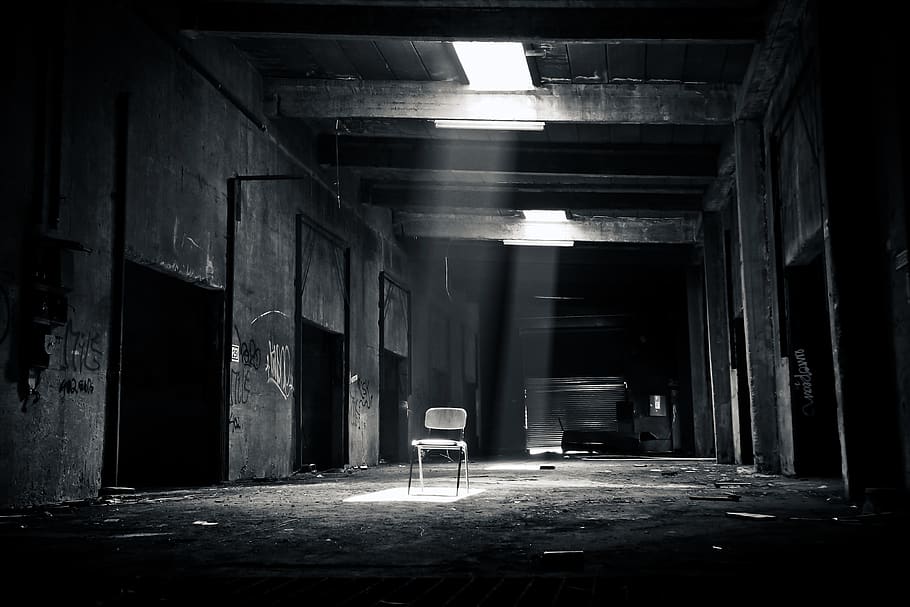 Grayscale Photo of Chair Inside the Establishment, abandoned