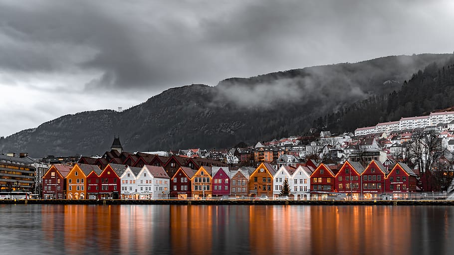 panorama city view, water, nature, outdoors, norway, bryggen, HD wallpaper