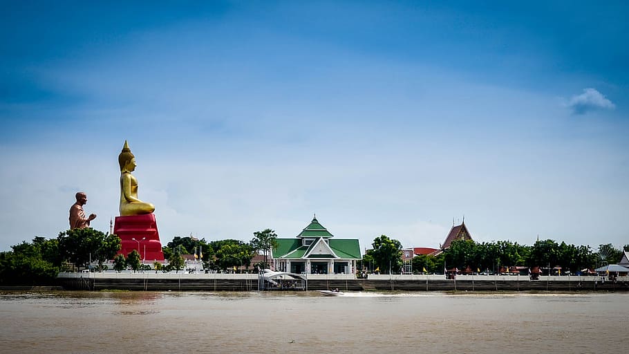 buddha Statue on waterfront, buddhism, religion, asia, asian, HD wallpaper
