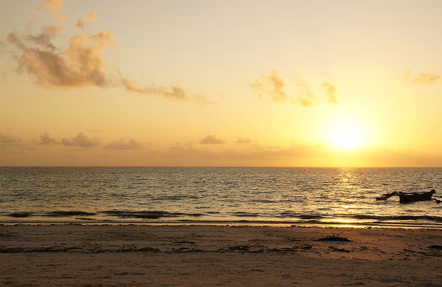 sunrise, zanzibar, sea, africa, beach, tanzania, dawn, water, HD wallpaper