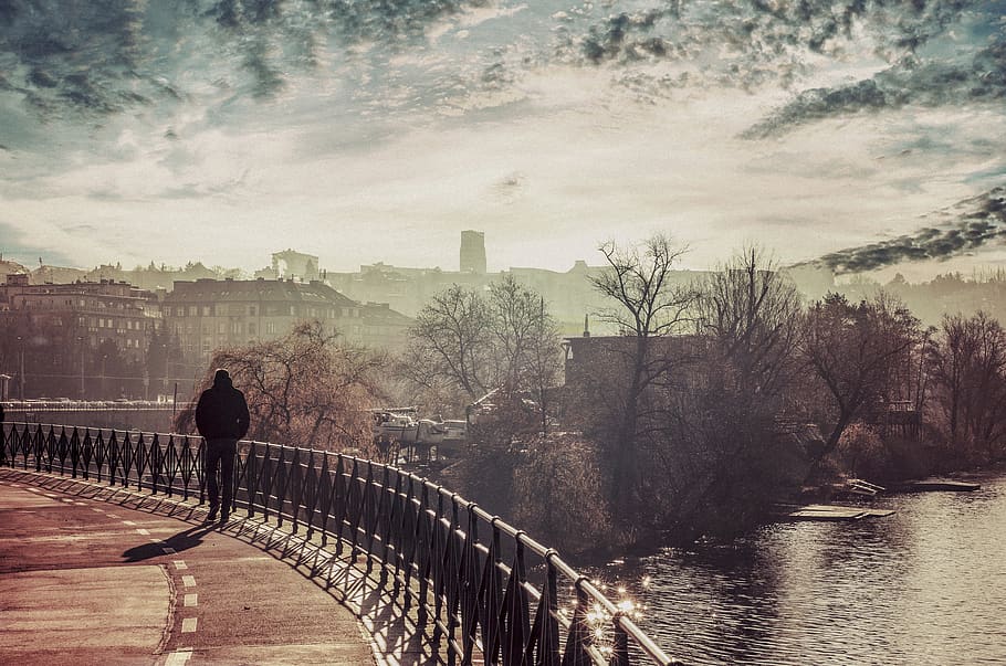 Person Walks Near Black Handrail, bridge, clouds, daylight, fog HD wallpaper