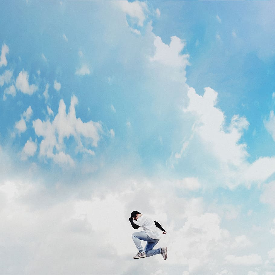 jump, people, portrait, clouds, blue, life, travel, cloud - sky HD wallpaper