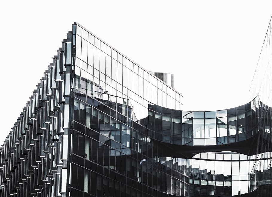 Clear Glass Building, architectural design, architecture, black and white HD wallpaper