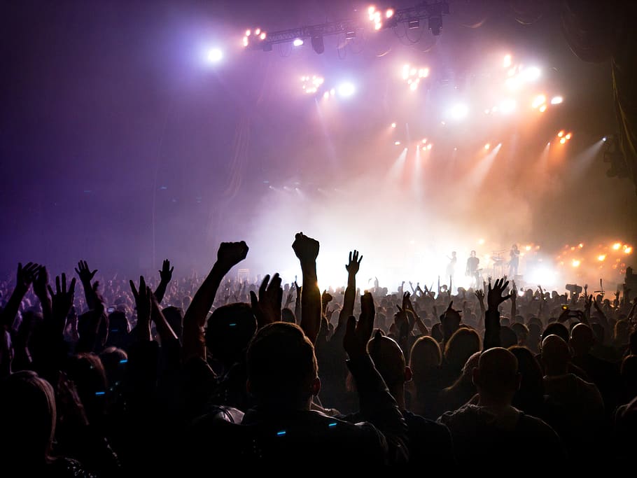 crowd facing lighted stage, music, performance, arts culture and entertainment HD wallpaper