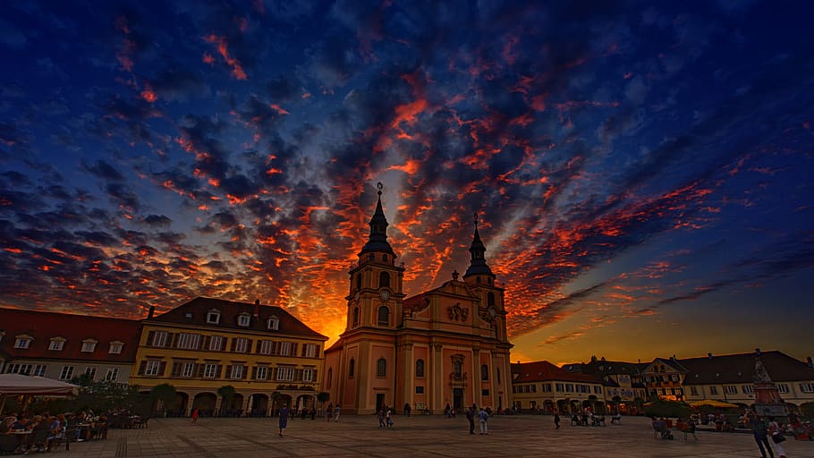 evening, dusk, sky, light, travel, sunset, mood, lights, church HD wallpaper