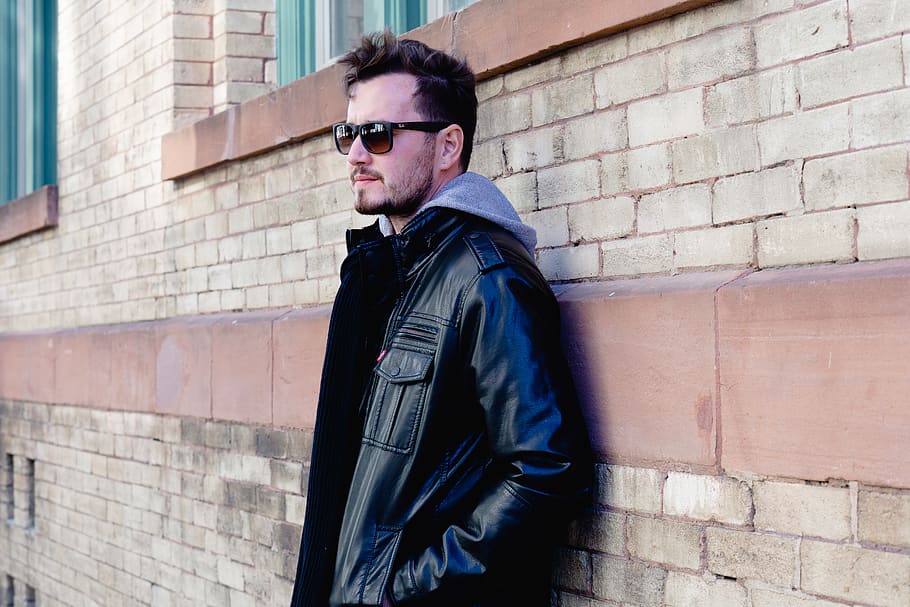 man, leather, jacket, model, glasses, fashion, wall, brick HD wallpaper
