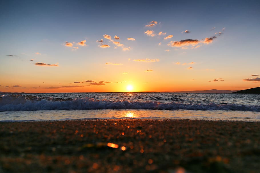 Seashore, beach, dawn, dusk, horizon, nature, ocean, seascape HD wallpaper