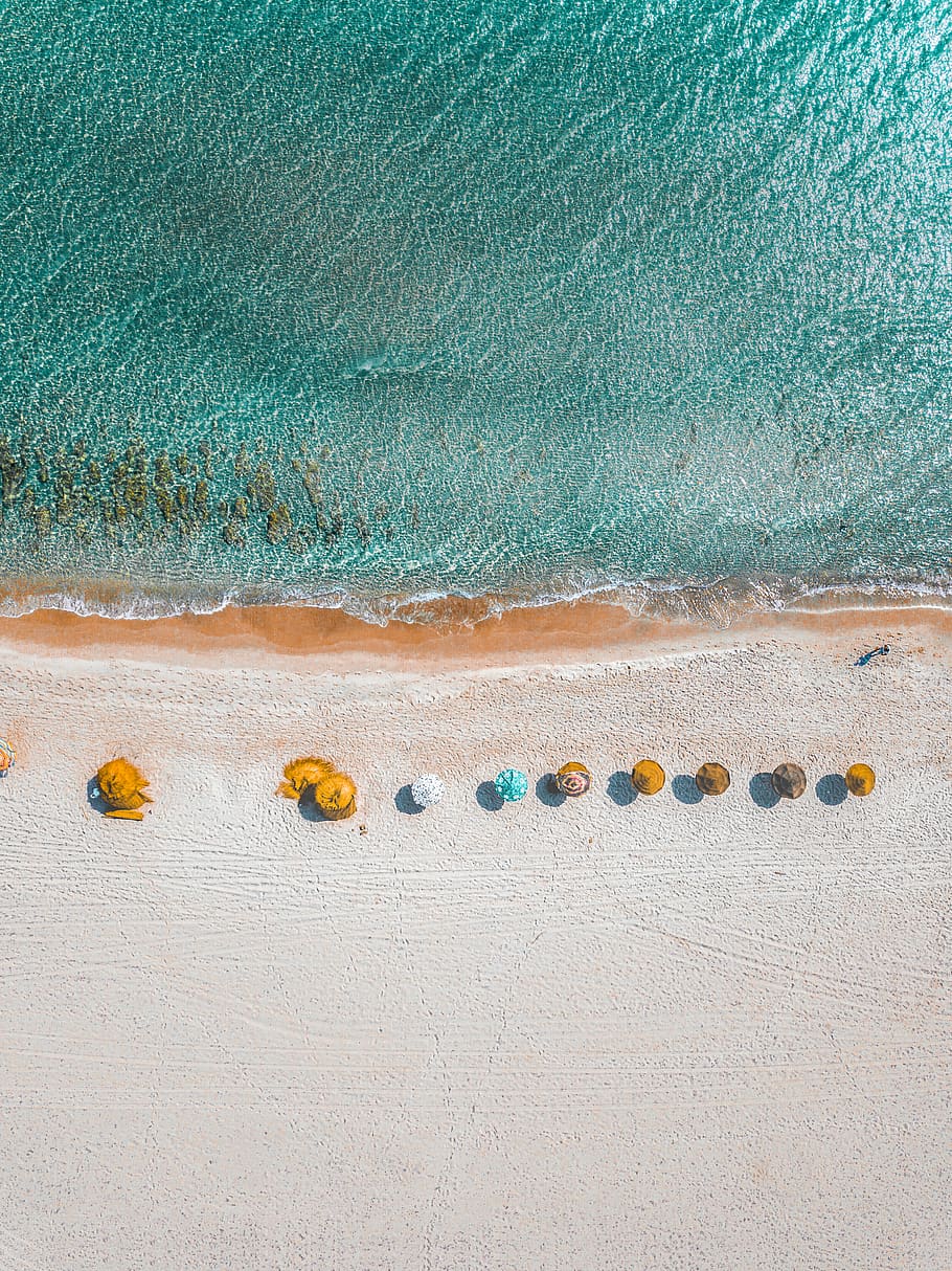Aerial View Photography of Umbrellas on Shore, beach, bird's eye view