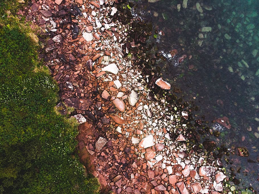 brown rock pubbles, drone view, aerial view, water, stone, shore, HD wallpaper