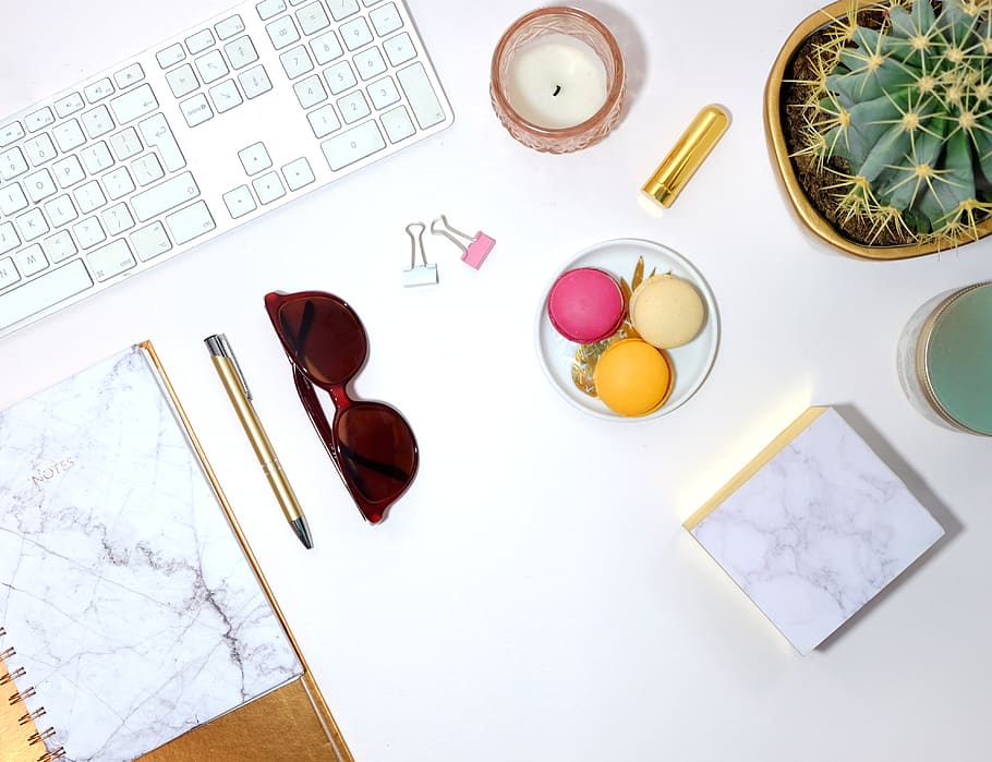 Red Sunglasses Near Macaroons, cactus, desk, flatlay, keyboard HD wallpaper