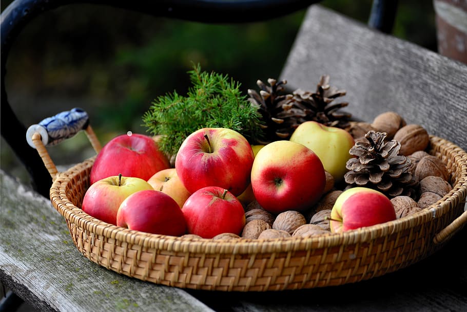 apple, walnuts, fruit basket, vitamins, eat, healthy, christmas time HD wallpaper
