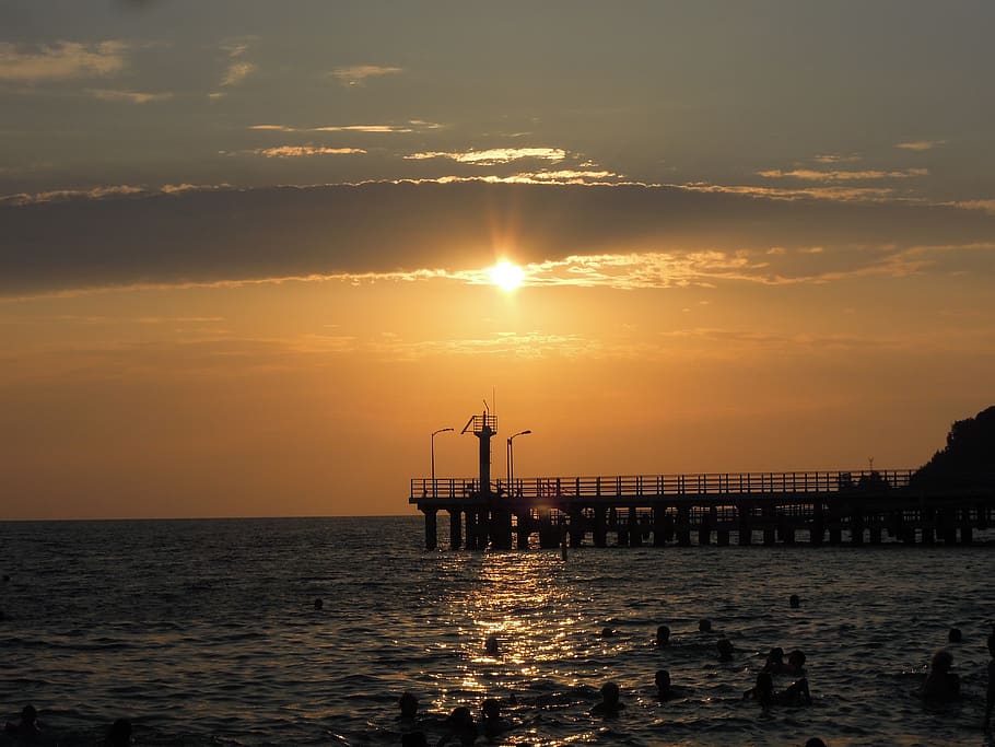 sea, sunset, sochi, pierce, sky, water, scenics - nature, orange color HD wallpaper