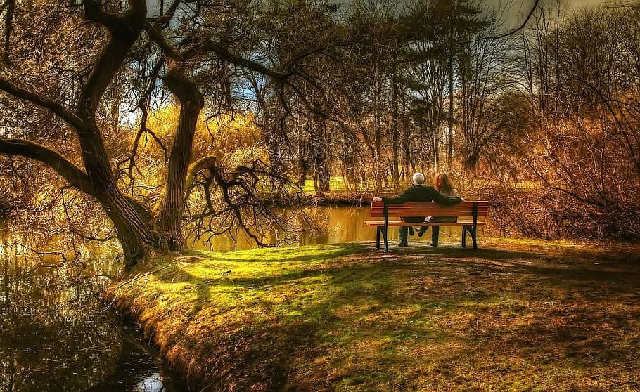 water, stream, flow, lake, river, canal, bench, sit, human HD wallpaper