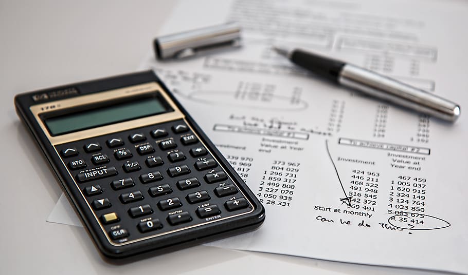 Black Calculator Near Ballpoint Pen on White Printed Paper, accounting, HD wallpaper