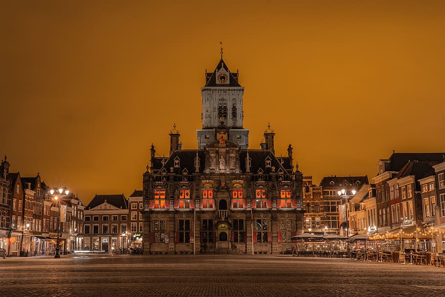 lighted building at night, town, downtown, urban, city, the netherlands HD wallpaper