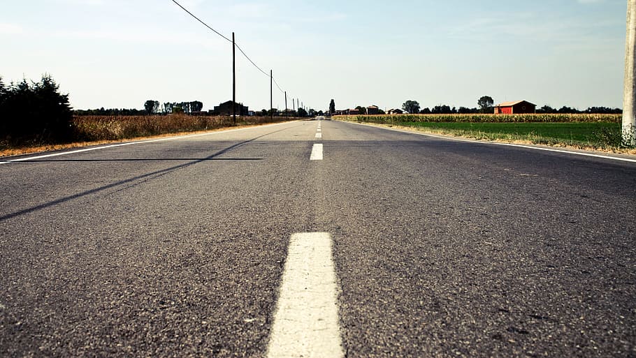 concrete, open, road, empty, deserted, lines, asphalt, blue HD wallpaper