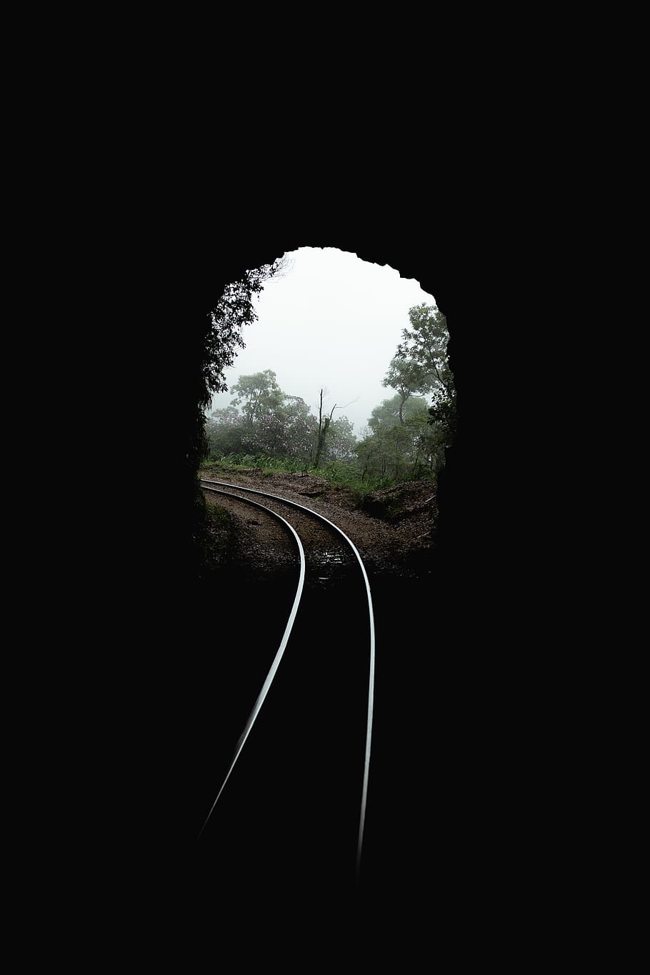 Rail on Tunnel, dark, daylight, landscape, nature, railroad tracks HD wallpaper