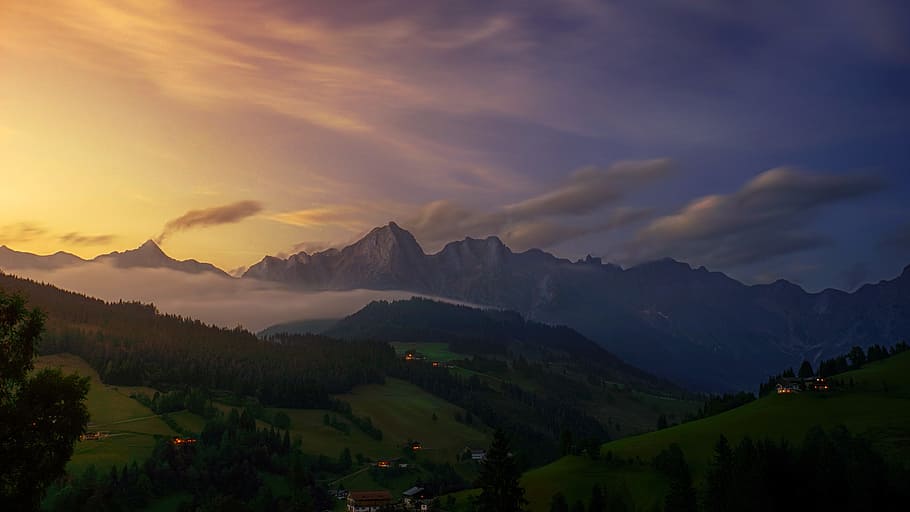 Aerial View Photography of Mountain Under Cloudy Sky, clouds HD wallpaper