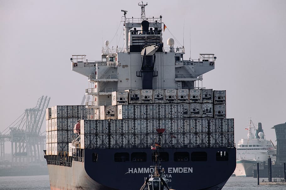 container ship, frachtschiff, freighter, shipping, port, river HD wallpaper