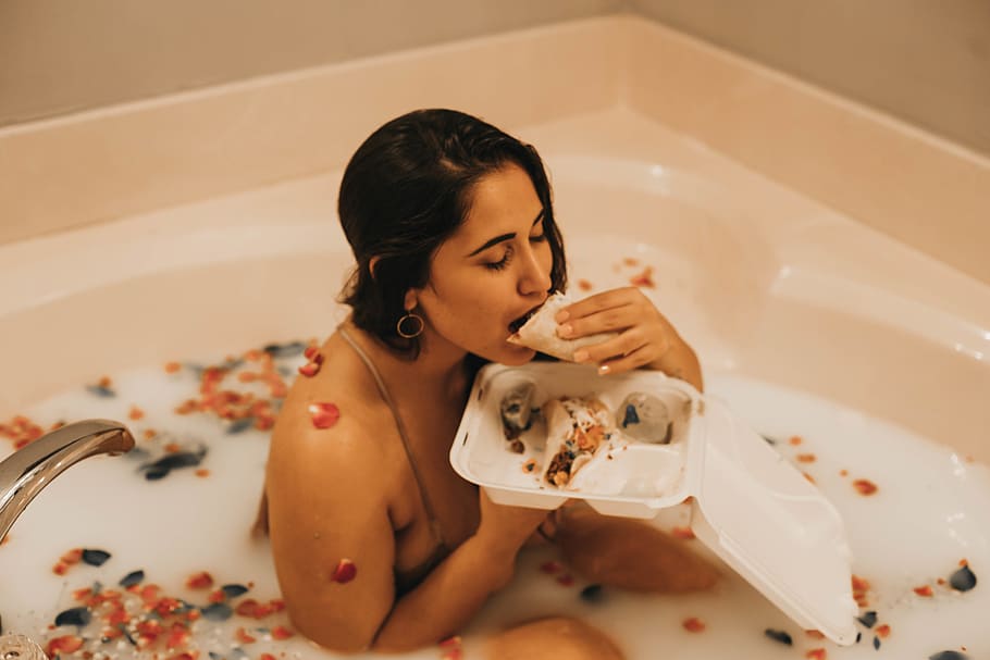 HD wallpaper: woman eating while taking a bath, tub, bathtub, human, person...