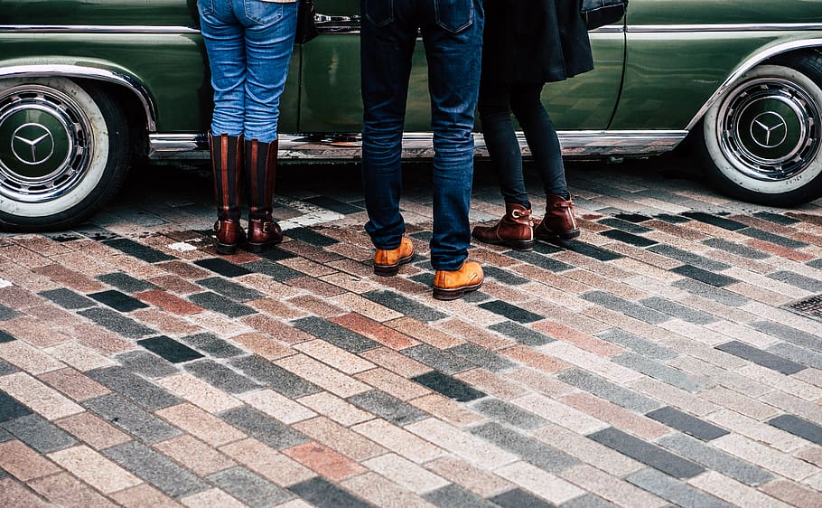 Brown Leather Shoes, bricks, car, daylight, emblem, people, street HD wallpaper