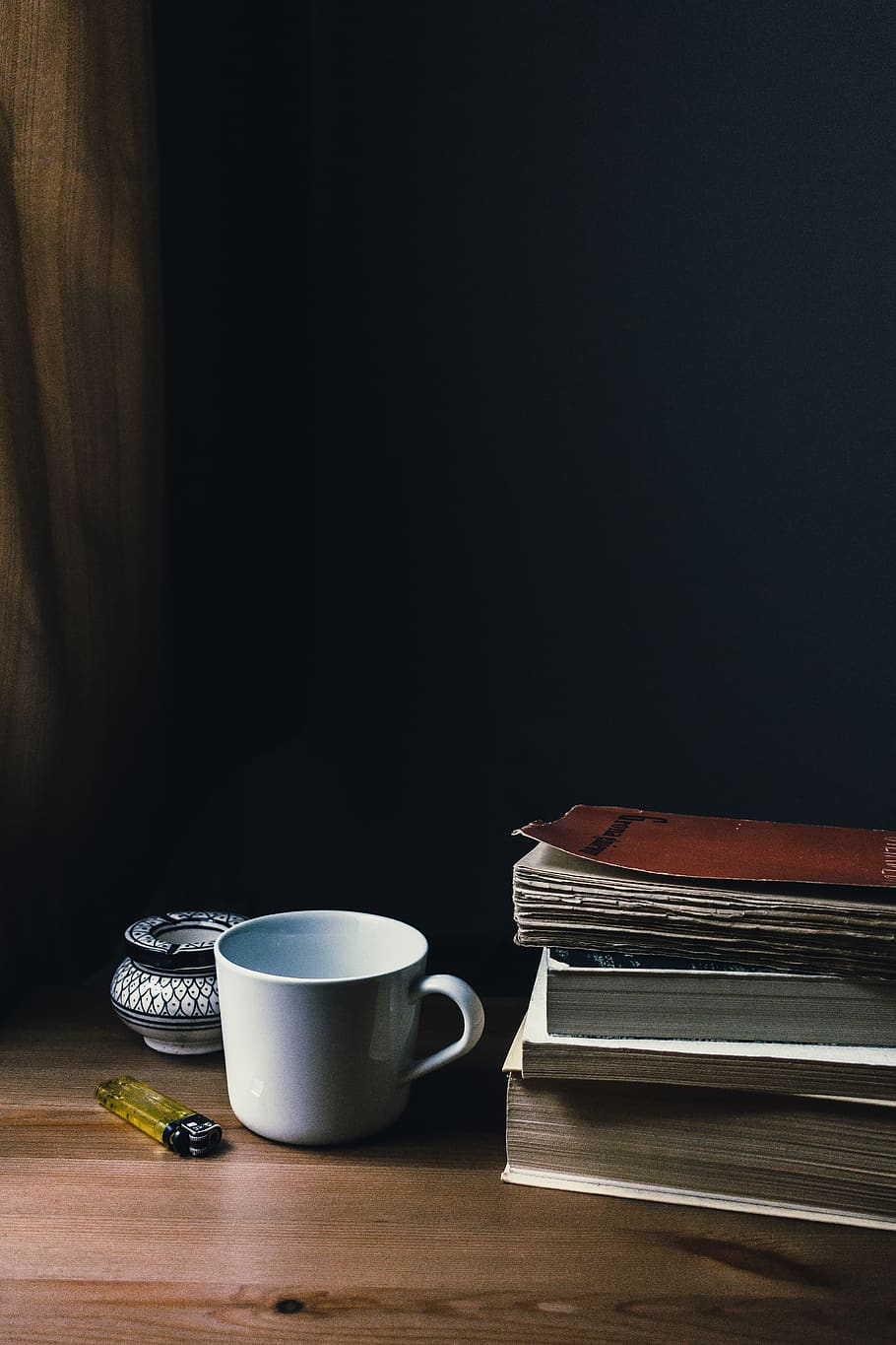White Ceramic Mug and Yellow Disposable Lighter, blur, books HD wallpaper
