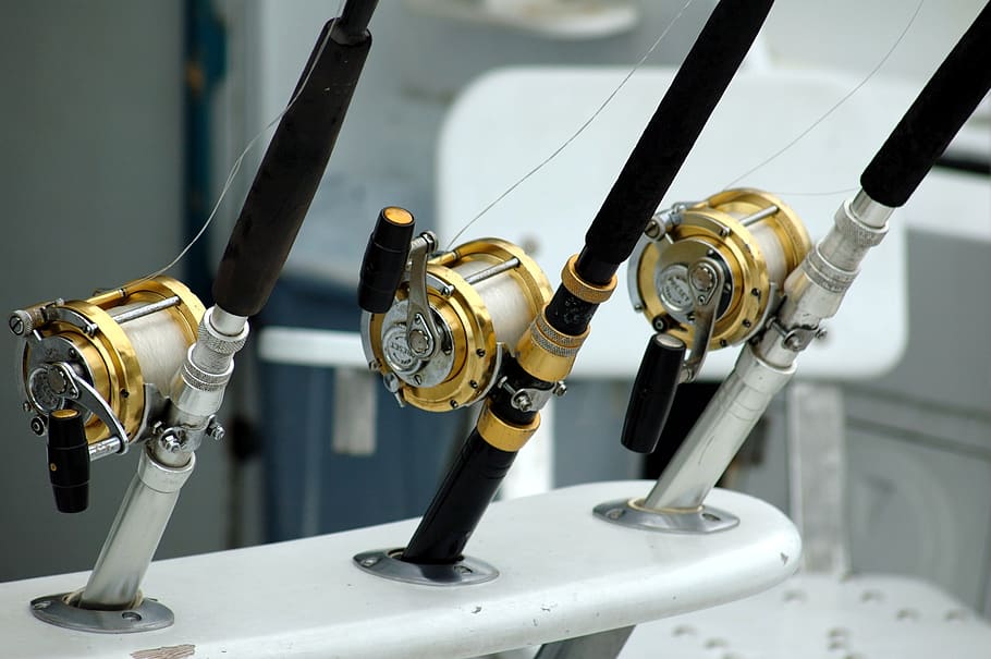 3 Lined Brass and Black Fishing Reel, angler, angling, close-up, HD wallpaper