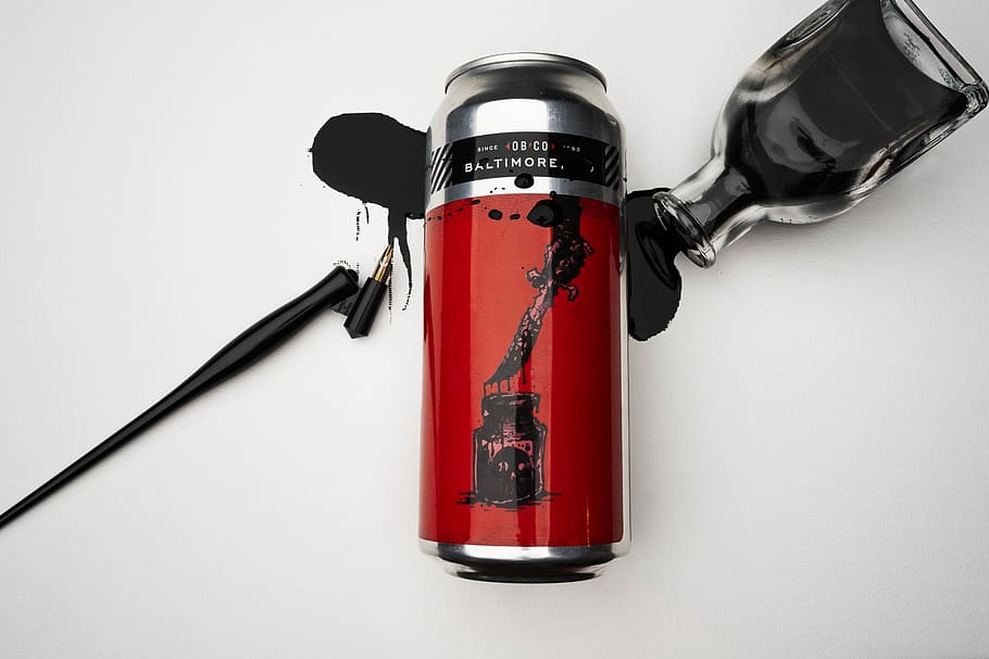 grey and red labeled can, beverage, alcohol, drink, bottle, glass HD wallpaper