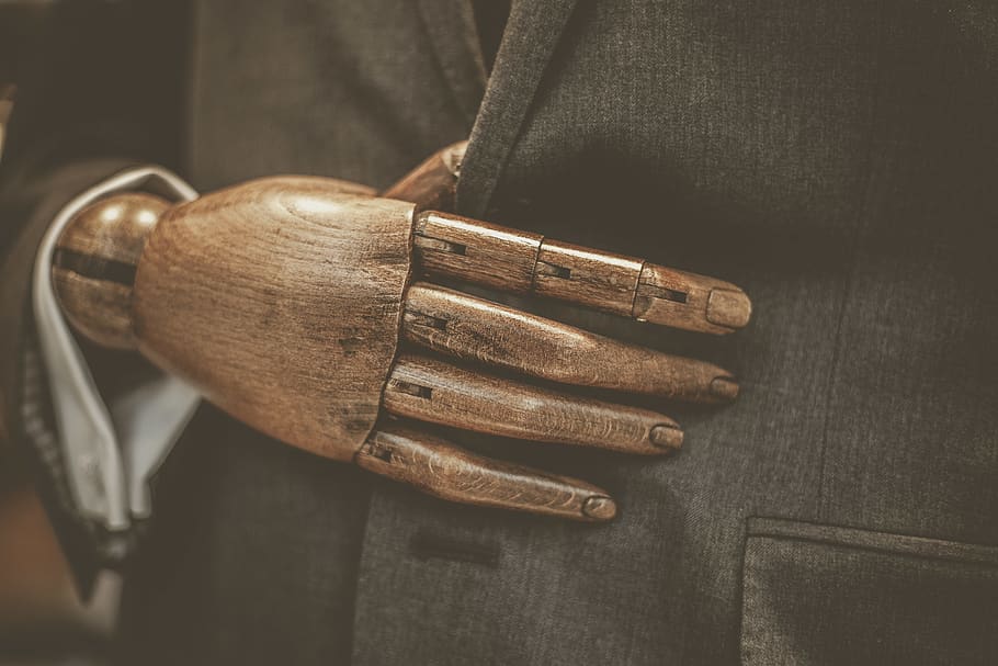 brown wooden hand on gray blazer, clothing, apparel, cutlery, HD wallpaper