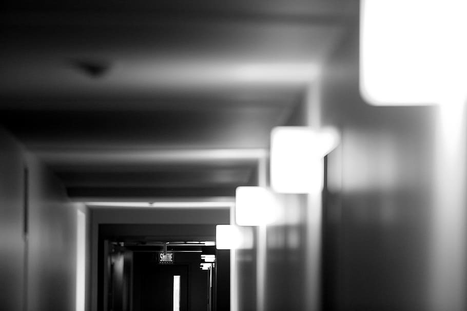 hallway, corridor, lights, exit, sortie, door, black and white HD wallpaper