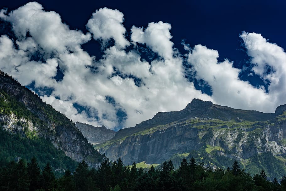 Green Mountains Under White Clouds, blue sky, cloudy sky, contrast HD wallpaper